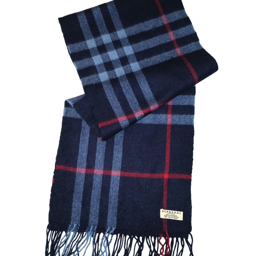 Vintage Burberry Navy Blue Red Light Blue Plaid Fall Winter Luxury Scarf